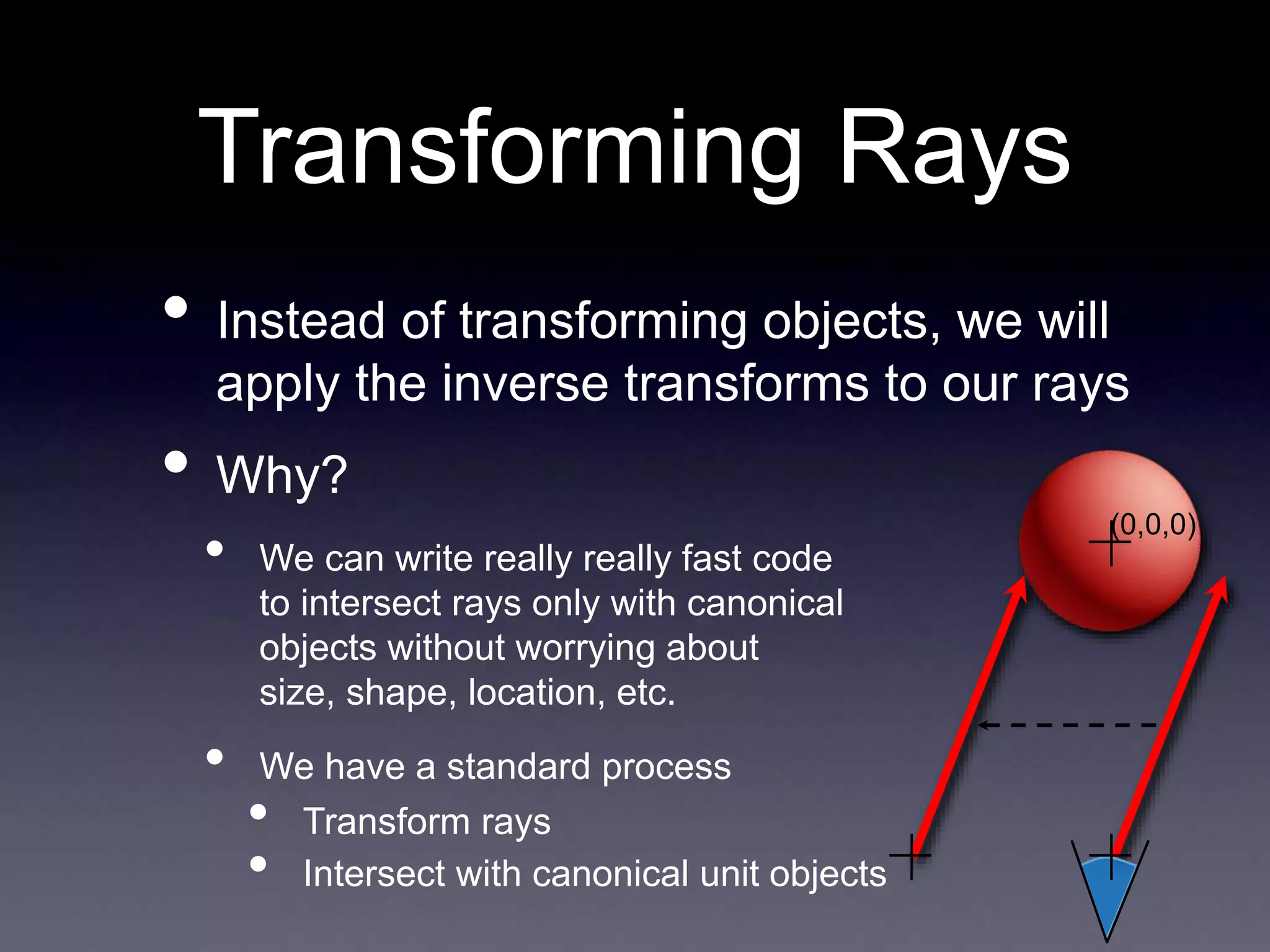 Transforming Rays
• Instead of transforming objects, we will
apply the inverse transforms to our rays
• Why?
• We can write really really fast code
to intersect rays only with canonical
objects without worrying about
size, shape, location, etc.
• We have a standard process
• Transform rays
• Intersect with canonical unit objects
(0,0,0)
 