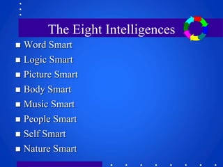 The Eight Intelligences 
 Word Smart 
 Logic Smart 
 Picture Smart 
 Body Smart 
 Music Smart 
 People Smart 
 Self Smart 
 Nature Smart 
 