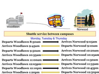 Woodlawn
                                                  Norwood
               Shuttle service between campuses
                  Monday, Tuesday & Thursday
Departs Woodlawn 8:30am                 Arrives Norwood 9:05am
Arrives Woodlawn 9:45am                 Departs Norwood 9:10am
Departs Woodlawn 9:50am               Arrives Norwood 10:20am
Arrives Woodlawn 10:55am              Departs Norwood 10:25am
Departs Woodlawn 11:00am              Arrives Norwood 11:30am
Arrives Woodlawn 12:05pm              Departs Norwood 11:35am
Departs Woodlawn 12:10pm              Arrives Norwood 12:45pm
Arrives Woodlawn 1:20pm               Departs Norwood 12:50pm
 