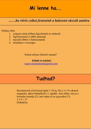 Mi lenne ha….

      ……ha vörös csíkot festenénk a balesetet okozók autóira

Néhány ötlet
      1. szégyen miatt jobban figyelnének az emberek
      2. figyelmeztetés a többi autósnak
      3. macsók többet is halmoznának
      4. elindulna a versengés



                    Neked milyen ötleteid vannak?

                           Küldd el nekünk!
                    rogers.kozepiskola@gmail.com




                               Tudtad?

             Beszámozod a két kezed ujjait 1-10-ig. Ha a 3 x 9-t akarod
             megtudni, akkor behajlítod a 3. ujjadat. Ami előtte van az a
             tízeseket mutatja (2), ami utána az az egyeseket (7).
             3 x 9 = 27
             Próbáld ki.




                                                                   12
 