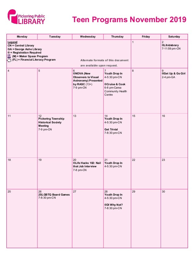 Pickering Public Library November Monthly Calendars 2019