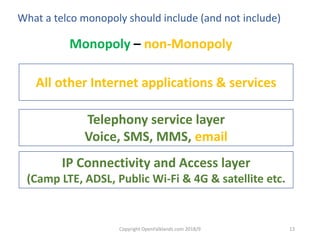 Copyright OpenFalklands.com 2018/9 13
What a telco monopoly should include (and not include)
IP Connectivity and Access layer
(Camp LTE, ADSL, Public Wi-Fi & 4G & satellite etc.
Telephony service layer
Voice, SMS, MMS, email
All other Internet applications & services
Monopoly – non-Monopoly
 