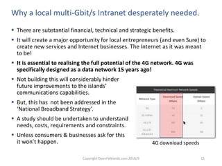 Copyright OpenFalklands.com 2018/9 15
Why a local multi-Gbit/s Intranet desperately needed.
 There are substantial financial, technical and strategic benefits.
 It will create a major opportunity for local entrepreneurs (and even Sure) to
create new services and Internet businesses. The Internet as it was meant
to be!
 It is essential to realising the full potential of the 4G network. 4G was
specifically designed as a data network 15 years ago!
 Not building this will considerably hinder
future improvements to the islands’
communications capabilities.
 But, this has not been addressed in the
‘National Broadband Strategy’.
 A study should be undertaken to understand
needs, costs, requirements and constraints.
 Unless consumers & businesses ask for this
it won’t happen. 4G download speeds
 