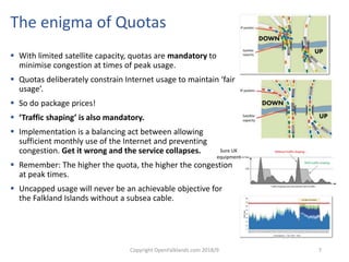 Copyright OpenFalklands.com 2018/9 7
The enigma of Quotas
 With limited satellite capacity, quotas are mandatory to
minimise congestion at times of peak usage.
 Quotas deliberately constrain Internet usage to maintain ‘fair
usage’.
 So do package prices!
 ‘Traffic shaping’ is also mandatory.
 Implementation is a balancing act between allowing
sufficient monthly use of the Internet and preventing
congestion. Get it wrong and the service collapses.
 Remember: The higher the quota, the higher the congestion
at peak times.
 Uncapped usage will never be an achievable objective for
the Falkland Islands without a subsea cable.
Sure UK
equipment
 