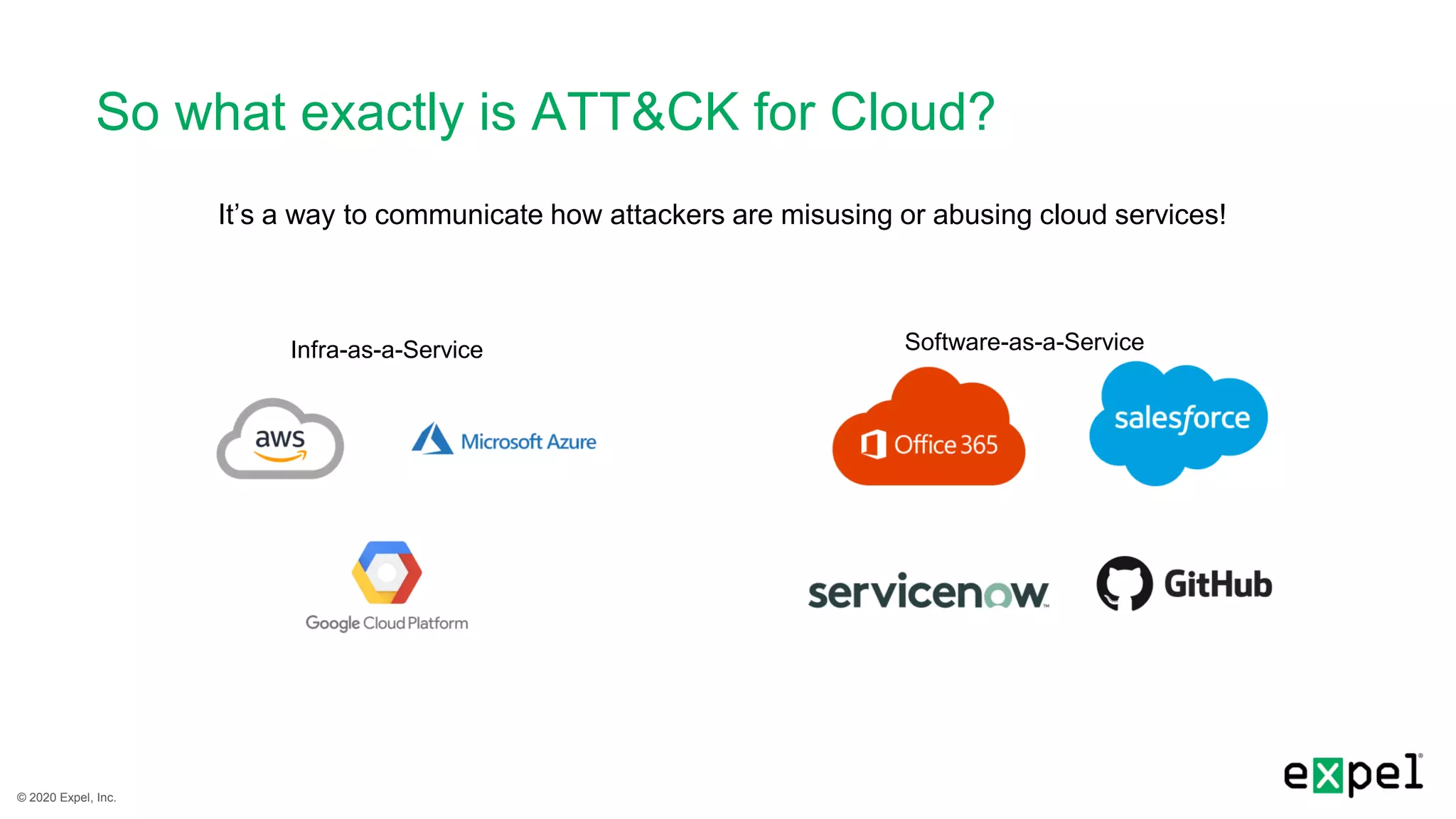 © 2020 Expel, Inc.
So what exactly is ATT&CK for Cloud?
Infra-as-a-Service Software-as-a-Service
It’s a way to communicate how attackers are misusing or abusing cloud services!
 