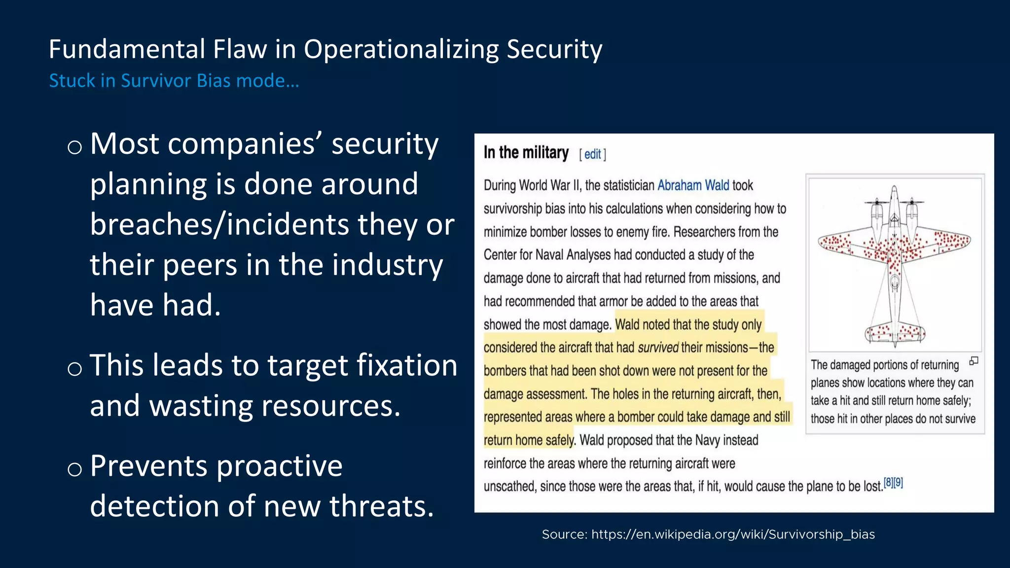 Fundamental Flaw in Operationalizing Security
Stuck in Survivor Bias mode…
o Most companies’ security
planning is done around
breaches/incidents they or
their peers in the industry
have had.
o This leads to target fixation
and wasting resources.
o Prevents proactive
detection of new threats.
 