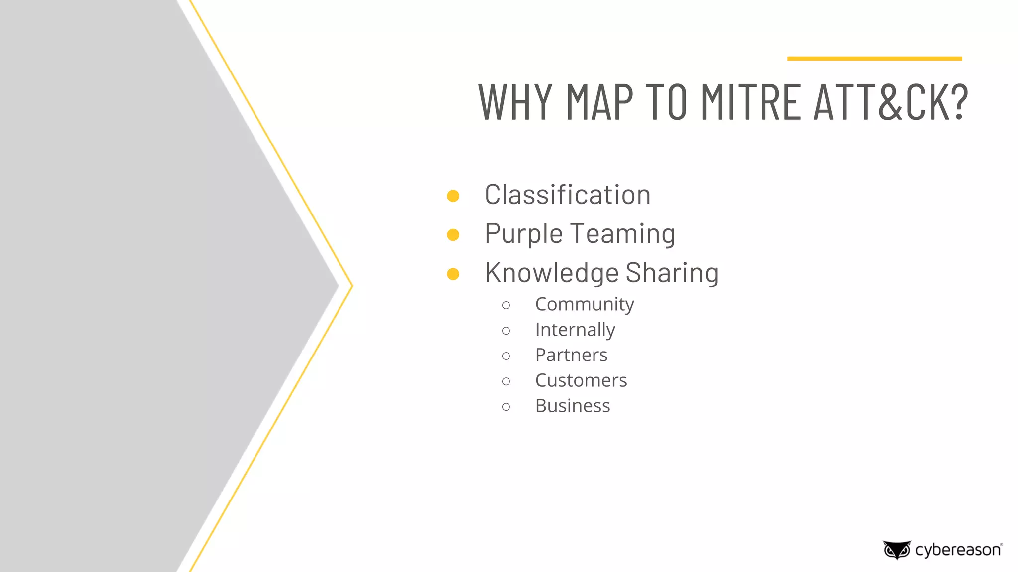 ● Classification
● Purple Teaming
● Knowledge Sharing
○ Community
○ Internally
○ Partners
○ Customers
○ Business
WHY MAP TO MITRE ATT&CK?
 