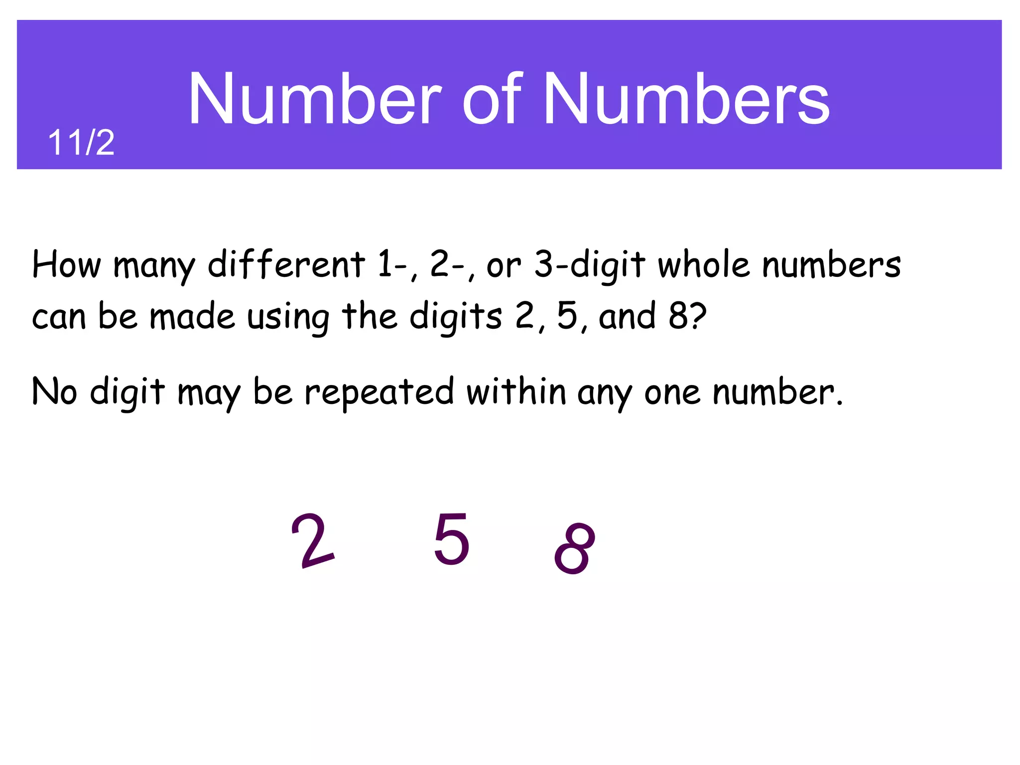 11/2
         Number of Numbers

How many different 1-, 2-, or 3-digit whole numbers
can be made using the digits 2, 5, and 8?

No digit may be repeated within any one number.



               2       5      8
 