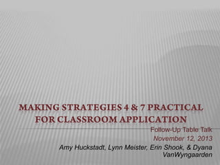 Follow-Up Table Talk
November 12, 2013
Amy Huckstadt, Lynn Meister, Erin Shook, & Dyana
VanWyngaarden

 