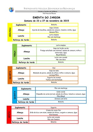 PATRONATO NOSSA SENHORA DA BONANÇA
Creche e Jardim-de-Infância
Vila Praia de Âncora
EMENTA DO JARDIM
Semana de 23 a 27 de novembro de 2015
SEGUNDA
Suplemento Bolacha
Almoço
Sopa Juliana
Açorda de bacalhau, salada de cenoura, tomate e milho, água
Banana/Pêra
Lanche
Leite simples
Pão com manteiga
Reforço da tarde Bolacha
TERÇA
Suplemento Leite simples
Almoço
Sopa de feijão-verde
Frango estufado com batatas, salada de cenoura, milho e
beterraba, água
Maçã/Banana
Lanche
Leite com cevada
Pão com doce
Reforço da tarde Bolacha
QUARTA
Suplemento Kiwi
Almoço
Sopa de nabo
Massada de peixe, salada de alface, milho e cenoura, água
Laranja/Pêra
Lanche
Iogurte de aromas
Tostas com marmelada
Reforço da tarde Bolacha
QUINTA
Suplemento Pão com manteiga
Almoço
Caldo verde
Empadão de carne (arroz), salada de alface, tomate e cenoura, água
Pêra/Maçã
Lanche Cereais com leite
Reforço da tarde Bolacha
SEXTA
Suplemento Iogurte
Almoço
Creme de couve-flor
Grão de bico com atum, salada de alface, curgete e cenoura, água
Kiwi/banana
Lanche
Leite com cevada
Pão com fiambre
Reforço da tarde Bolacha
 