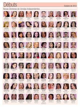 Novas Diretoras de Vendas Independentes
Débuts Outubro de 2012
Adriana de
Camargo Leite
Laranjal Paulista – SP
Luciana Spirandelli
Adriana Helena
Stumbo Romain
Potim – SP
Deise Ferreira
Adriana Lima de
Almeida
Taguatinga – DF
Giselda Gabriel
Alexsandro Nunes
de Lima
Londrina – PR
Josiane Dias
Aline V. Godoy
Ventura Oliveira
Sorocaba – SP
Luciana Spirandelli
Amarildo Rosa
Oliveira
Belo Horizonte – MG
Rosângela Alcântara
Amélia Ferreira
Carvalho
Curitiba – PR
Sandra Lima
Ana Claudia
Leite de Oliveira
Manaus – AM
Eliza Castro
Ana Ines
Rodrigues Canato
Quatá – SP
Thalita Stelato
Ana Paula Immig
Estância Velha – RS
Neimara Bittencourt
Ana Valeria
de Melo Pereira
Rio de Janeiro – RJ
Agnes Roberta Rossi
Andrea Pereira
Fernandes
Pelotas – RS
Rose Aguiar
Arlene Pereira
de Alencar
Fortaleza – CE
Barbara Sunden
Beatriz Mayara
de O. Rodrigues
Marabá – PA
Karla Giovana Moreira
Carla de Araujo Bento
João Pessoa – PB
Maria Helena Moreira
Crispim
Caroline Carrenho
da Silva
Paranavai – PR
Claudia Dias
Claudia Lucia de
Camargo
Vargem Grande
Paulista – SP
Suzana Strumielo
Claudia Mialski
Vilas Boas
Santo Antonio da
Platina – PR
Claudia Dias
Claudia Rabelo
da Cruz
Serra – ES
Claudia Leme Tomaroli
Claudia Regina
Azevedo Dantas
São Luis – MA
Elizabeth Sena
Cristiane de
Oliveira Santos
Contagem – MG
Nara Melo
Daliane Bastos
Alves Carli
Itajaí – SC
Sandra Lima
Daniela Bastos
Veiga Macedo
Itaperuna – RJ
Claudia Dias
Dilmene Eliana de
Queiroz Miranda
Patos de Minas – MG
Sandra Lima
Edenise Cristina
Lustosa Alves
Teresina – PI
Elizabeth Sena
Edilaine Palhares
Campos Olombrada
Cacu – GO
Agnes Roberta Rossi
Edna Ferreira de
Araujo Messias
Teresina – PI
Elizabeth Sena
Elaine Castro dos
Santos Lara
Angra dos Reis – RJ
Karla Giovana Moreira
Elias Quirino de
Oliveira
Três Corações – MG
Rosângela Alcântara
Elisangela Walichek
Marcos
Londrina – PR
Claudia Dias
Eliziane Rodrigues
dos Santos Ramos
Palmas – TO
Roseli Barros
Eloisa Santos França
Florianópolis – SC
Leila Palombini
Erika Vieira Tamae
Marília – SP
Thalita Stelato
Ester da Silva
Casanova
Rio de Janeiro – RJ
Deise Ferreira
Eunice Amorim
de Souza
Recife – PE
Giselda Gabriel
Eveline Maria
Silva Rocha
Santarém – PA
Suzana Strumielo
Fernanda Aparecida
Tombolato
Maringá – PR
Karinna Prado
Fernanda Landi
Maringá – PR
Claudia Leme Tomaroli
Fernanda Lima Junior
Manacapuru – AM
Claudia Leme Tomaroli
Fernanda Nunes de
Abreu Menezes
Paulínia – SP
Sandra Lima
Fernanda Souza
Cabral
Gurupi – TO
Rose Aguiar
Flavia Murta Lima
Uberlândia – MG
Mary Kay
Franciele Barufﬁ
Garibaldi – RS
Rose Aguiar
Gabryelle Lima Dias
Umuarama – PR
Claudia Leme Tomaroli
Gilvana Fernandes
Gouvea
Uberaba – MG
Giselda Gabriel
Gisela Karina Dileo
Medeiros
São José dos
Pinhais – PR
Anita Garrett-Roe
Giselda Nunes
da Cunha
Cuiabá – MT
Isanne Rosa
Gleidvane Gomes
Alves
Samambaia – DF
Andreá Fernandes
Ingrid Leando Rech
Santo Amaro da
Imperatriz – SC
Leila Palombini
Iris Sena Souza
Cuiabá – MT
Isanne Rosa
Iveline Irene
Ribeiro Teixeira
Belém – PA
Sheyla Mourão
Janilli Amelia Biscaia
Guarapuava – PR
Claudia Dias
Janmila Alves
Rodrigues
Aracaju – SE
Fabiana Cunha
Jaqueline Pereira
da Rocha
Rondonópolis – MT
Josiane Dias
Jocileide Fernanda
da Silva
Teresina – PI
Elizabeth Sena
Joseane de Oliveira
Bispo
Planaltina de Goiás – GO
Eliza Castro
Josmari Slobodzan
Coutinho Paris
Foz do Iguaçu – PR
Karla Giovana Moreira
Juliana Lazzari
Curitiba – PR
Mary Kay
Juliana Santos Moura
Osasco – SP
Nara Melo
Karen Lilianne
Teixeira Tavares
Fortaleza – CE
Barbara Sunden
Keliane Alves
Cirqueira
Luis Eduardo
Magalhães – BA
Eloisa Johnson
Laudjane Gomes
de Araujo
Santa Cruz
do Capibaribe – PE
Suzana Strumielo
Leandra Rodrigues
da Silva Marques
Remanso – BA
Maria Helena
Moreira Crispim
Leildes Santos
Teles Costa
Alagoinhas – BA
Eloisa Johnson
Leylanne Ekysyelle
Martins Pontes
Arapiraca – AL
Fabiana Cunha
Licelia Almeida
Machado Motta
São José – SC
Neimara Bittencourt
Marcia Assis Cunha
Pedrosa de Sousa
Rio de Janeiro – RJ
Claudia Leme Tomaroli
Marcilene de Jesus
Campos
Guarulhos – SP
Anita Garrett- Roe
Lívia Fabiana
Cabral Eroles
Mogi das Cruzes – SP
Eloisa Johnson
Luciana Freires
de Castro
Fortaleza – CE
Barbara Sunden
Luciana Gross
Martins
Curitiba – PR
Miriam Gomez- Rivas
Lucianara Andrade
Rodrigues
Oliveira – MG
Nara Melo
Maira Angela
Gonçalves da Silva
Belo Horizonte – MG
Nara Melo
Marcela Spindola de
Oliveira
Uberlândia – MG
Andreá Fernandes
Maria Alcilene
Barbosa de Sousa
Manaus – AM
Claudia Leme Tomaroli
Maria Antonia
Silva Bahia
Anapu – PA
Karla Giovana Moreira
Maria das Dores
Maia Assunção
Valença – RJ
Claudia Leme Tomaroli
Maria Edimeia
Cardoso da Silva
Belo Horizonte – MG
Rosângela Alcântara
Maria Lucia
da Silva
Mogi das Cruzes – SP
Eloisa Johnson
Maria Rafaela
Viana de Lima
Franco da Rocha – SP
Suzana Strumielo
Maria Regina
Alves de Araujo
Londrina – PR
Claudia Dias
Marilza Correa Lontra
Rio de Janeiro – RJ
Claudia Leme Tomaroli
Marisabel do C.
Martins Gomes Held
Samambaia – DF
Sandra Lima
Mariselma da Cunha
Machado Pedrosa
Rio Negro – PR
Sandra Lima
Marlene Souza
de Freitas
São Paulo – SP
Deise Ferreira
Marlene Webber
Becker
Santo Antonio
da Patrulha – RS
Neimara Bittencourt
Marlise Moesch
Florianópolis – SC
Neimara Bittencourt
Marta Rita
Talam Jaquinta
Serrana – SP
Luciana Spirandelli
Meiry M. de
A. Khoder
Foz do Iguaçu – PR
Claudia Dias
Melmara Mendes
de Oliveira
Nova Era – MG
Giselle Cosme
 