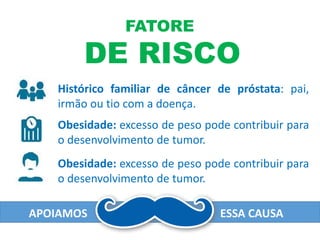 APOIAMOS ESSA CAUSA
FATORE
DE RISCO
Histórico familiar de câncer de próstata: pai,
irmão ou tio com a doença.
Obesidade: excesso de peso pode contribuir para
o desenvolvimento de tumor.
Obesidade: excesso de peso pode contribuir para
o desenvolvimento de tumor.
 