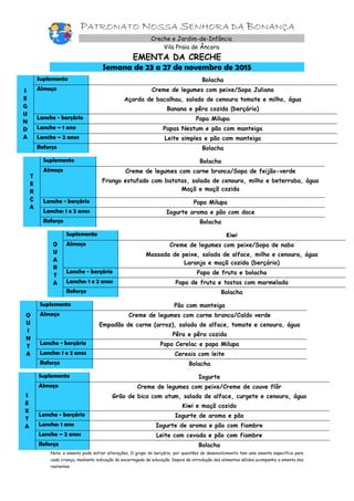 PATRONATO NOSSA SENHORA DA BONANÇA
Creche e Jardim-de-Infância
Vila Praia de Âncora
EMENTA DA CRECHE
Semana de 23 a 27 de novembro de 2015
S
E
G
U
N
D
A
Suplemento Bolacha
Almoço Creme de legumes com peixe/Sopa Juliana
Açorda de bacalhau, salada de cenoura tomate e milho, água
Banana e pêra cozida (berçário)
Lanche - berçário Papa Milupa
Lanche – 1 ano Papas Nestum e pão com manteiga
Lanche – 2 anos Leite simples e pão com manteiga
Reforço Bolacha
T
E
R
Ç
A
Suplemento Bolacha
Almoço Creme de legumes com carne branca/Sopa de feijão-verde
Frango estufado com batatas, salada de cenoura, milho e beterraba, água
Maçã e maçã cozida
Lanche - berçário Papa Milupa
Lanche: 1 e 2 anos Iogurte aroma e pão com doce
Reforço Bolacha
Q
U
A
R
T
A
Suplemento Kiwi
Almoço Creme de legumes com peixe/Sopa de nabo
Massada de peixe, salada de alface, milho e cenoura, água
Laranja e maçã cozida (berçário)
Lanche - berçário Papa de fruta e bolacha
Lanche: 1 e 2 anos Papa de fruta e tostas com marmelada
Reforço Bolacha
Q
U
I
N
T
A
Suplemento Pão com manteiga
Almoço Creme de legumes com carne branca/Caldo verde
Empadão de carne (arroz), salada de alface, tomate e cenoura, água
Pêra e pêra cozida
Lanche - berçário Papa Cerelac e papa Milupa
Lanche: 1 e 2 anos Cereais com leite
Reforço Bolacha
S
E
X
T
A
Suplemento Iogurte
Almoço Creme de legumes com peixe/Creme de couve flôr
Grão de bico com atum, salada de alface, curgete e cenoura, água
Kiwi e maçã cozida
Lanche - berçário Iogurte de aroma e pão
Lanche: 1 ano Iogurte de aroma e pão com fiambre
Lanche – 2 anos Leite com cevada e pão com fiambre
Reforço Bolacha
Nota: a ementa pode sofrer alterações. O grupo do berçário, por questões de desenvolvimento tem uma ementa específica para
cada criança, mediante indicação do encarregado de educação. Depois da introdução dos alimentos sólidos acompanha a ementa dos
restantes
 