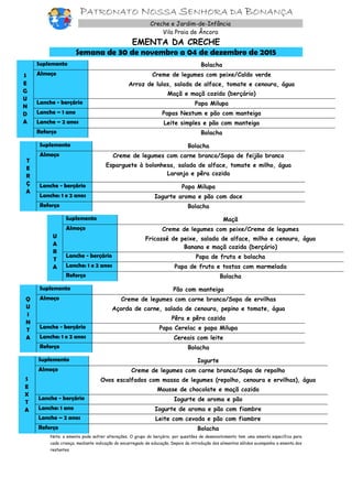 PATRONATO NOSSA SENHORA DA BONANÇA
Creche e Jardim-de-Infância
Vila Praia de Âncora
EMENTA DA CRECHE
Semana de 30 de novembro a 04 de dezembro de 2015
S
E
G
U
N
D
A
Suplemento Bolacha
Almoço Creme de legumes com peixe/Caldo verde
Arroz de lulas, salada de alface, tomate e cenoura, água
Maçã e maçã cozida (berçário)
Lanche - berçário Papa Milupa
Lanche – 1 ano Papas Nestum e pão com manteiga
Lanche – 2 anos Leite simples e pão com manteiga
Reforço Bolacha
T
E
R
Ç
A
Suplemento Bolacha
Almoço Creme de legumes com carne branca/Sopa de feijão branco
Esparguete à bolonhesa, salada de alface, tomate e milho, água
Laranja e pêra cozida
Lanche - berçário Papa Milupa
Lanche: 1 e 2 anos Iogurte aroma e pão com doce
Reforço Bolacha
U
A
R
T
A
Suplemento Maçã
Almoço Creme de legumes com peixe/Creme de legumes
Fricassé de peixe, salada de alface, milho e cenoura, água
Banana e maçã cozida (berçário)
Lanche - berçário Papa de fruta e bolacha
Lanche: 1 e 2 anos Papa de fruta e tostas com marmelada
Reforço Bolacha
Q
U
I
N
T
A
Suplemento Pão com manteiga
Almoço Creme de legumes com carne branca/Sopa de ervilhas
Açorda de carne, salada de cenoura, pepino e tomate, água
Pêra e pêra cozida
Lanche - berçário Papa Cerelac e papa Milupa
Lanche: 1 e 2 anos Cereais com leite
Reforço Bolacha
S
E
X
T
A
Suplemento Iogurte
Almoço Creme de legumes com carne branca/Sopa de repolho
Ovos escalfados com massa de legumes (repolho, cenoura e ervilhas), água
Mousse de chocolate e maçã cozida
Lanche - berçário Iogurte de aroma e pão
Lanche: 1 ano Iogurte de aroma e pão com fiambre
Lanche – 2 anos Leite com cevada e pão com fiambre
Reforço Bolacha
Nota: a ementa pode sofrer alterações. O grupo do berçário, por questões de desenvolvimento tem uma ementa específica para
cada criança, mediante indicação do encarregado de educação. Depois da introdução dos alimentos sólidos acompanha a ementa dos
restantes
 