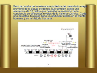Pero la prueba de la relevancia profética del calendario maya proviene de la actual evidencia que también existe una secuencia de 13 cielos que describe la evolución de la conciencia en diferentes niveles de la historia cósmica. Cada uno de estos 13 cielos tiene un particular efecto en la mente humana y en la historia humana. 