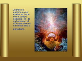 Cuando se encarna un ser estelar se funde con el cuerpo espiritual -ka- de un humano y el niño que nace es un híbrido sirio o pleyadiano.   