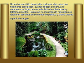 Se les ha permitido desarrollar cualquier idea, para que finalmente escogiesen, cuando llegase su hora, a la naturaleza en lugar de una sala llena de ordenadores y teléfonos móviles. Hasta que no recuerden la naturaleza se quedarán sentados en su mundo de plástico y cromo creado  a partir de sangre.   