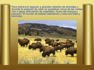 Para sobrevivir seguían a grandes rebaños de animales y durante la estación de calor se quedaban cerca de las costas, ríos o lagos disfrutando de vegetales, frutos del bosque y pescado. El mundo se estaba calentando y todo era bello y luminoso.  