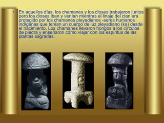 En aquellos días, los chamanes y los dioses trabajaron juntos pero los dioses iban y venían mientras el linaje del clan era protegido por los chamanes pleyadianos -seres humanos indígenas que tenían un cuerpo de luz pleyadiano (ka) desde el nacimiento. Los chamanes llevaron hongos a los círculos de piedra y enseñaron cómo viajar con los espíritus de las plantas sagradas.  