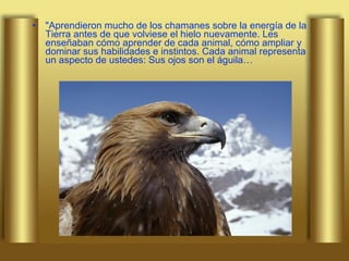 "Aprendieron mucho de los chamanes sobre la energía de la Tierra antes de que volviese el hielo nuevamente. Les enseñaban cómo aprender de cada animal, cómo ampliar y dominar sus habilidades e instintos. Cada animal representa un aspecto de ustedes: Sus ojos son el águila… 