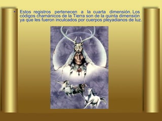 Estos  registros  pertenecen  a  la  cuarta  dimensión. Los códigos chamánicos de la Tierra son de la quinta dimensión ya que les fueron inculcados por cuerpos pleyadianos de luz. 