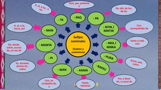 wayra
Sufijos
nominales
(Sujetos y
sustantivos)
- PAQ - PA
- NTIN /
NINTIN
Con,
acompañado de
De, del, de los,
de las
Para...