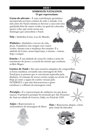 33
ANEXO 1
Coroa do advento – É uma contribuição germânica
incorporada aos lares cristãos de todo o mundo. Um
mês antes do Natal costuma-se decorar a casa com uma
guirlanda feita de ramos verdes, na qual são colocadas
quatro velas, que serão acesas nos
domingos que antecedem o Natal.
Sino – Representa alegria, a festa
pela vinda do Salvador.
Anjos – Representam os
anunciadores da mensagem de Deus.
Presépio – É a representação do ambiente em que Jesus
nasceu. O primeiro presépio foi montado por São Francisco
de Assis na cidade de Greccio, Itália, no Natal de 1223.
Cartões de Natal – São uma maneira simpática de compartilhar
as festas natalinas, enviando uma mensagem de Feliz
Natal para as pessoas que se encontram separadas pela
distância. O costume de trocar cartões surgiu no século 19.
Hoje já existe a opção de cartões virtuais pela
INTERNET, o que não descaracteriza o gesto
carinhoso e a difusão da mensagem cristã.
Estrela – É um símbolo de nossa Fé, indica a noite do
nascimento de Jesus e a estrela do oriente que conduzia
os Reis Magos.
Pinheiro – Simboliza a árvore da vida,
Jesus. O pinheiro tem sempre seus ramos
verdes, mesmo com a mudança das estações. É o
símbolo de Cristo, nossa Esperança, o mesmo – ontem,
hoje e sempre.
Vela – Simboliza Cristo, Luz do Mundo.
SIMBOLOS NATALINOS
O que representam:
 