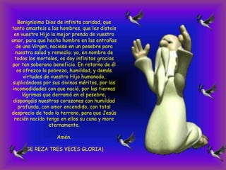 Benignísimo Dios de infinita caridad, que
tanto amasteis a los hombres, que les disteis
en vuestro Hijo la mejor prenda de vuestro
amor, para que hecho hombre en las entrañas
de una Virgen, naciese en un pesebre para
nuestra salud y remedio; yo, en nombre de
todos los mortales, os doy infinitas gracias
por tan soberano beneficio. En retorno de él
os ofrezco la pobreza, humildad, y demás
virtudes de vuestro Hijo humanado,
suplicándoos por sus divinos méritos, por las
incomodidades con que nació, por las tiernas
lágrimas que derramó en el pesebre,
dispongáis nuestros corazones con humildad
profunda, con amor encendido, con total
desprecio de todo lo terreno, para que Jesús
recién nacido tenga en ellos su cuna y more
eternamente.
Amén.
(SE REZA TRES VECES GLORIA)

 