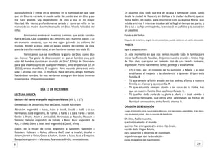 autosuficiencia y entrar en la sencillez, en la humildad del que sabe
que sin Dios no es nada, ni puede nada. No puedo vivir sin Dios y eso
me hace grande. Soy dependiente de Dios y esa es mi mayor
libertad. Me siento profundamente amado y como un niño en las
manos de su madre duermo tranquilo en Dios. Vivo la felicidad del
niño.
Precisamos enderezar nuestros caminos que están torcidos
fuera de Dios. Que su palabra sea antorcha para nuestros pasos y luz
en nuestros senderos, que no me sigan guiando los valores del
mundo. Recibir a Jesús pide un deseo sincero de cambio de vida,
pues la transformación total, el ser hombres nuevos nos lo da Él.
Permitamos que se manifieste la gloria de Dios, como dice
san Ireneo: “La gloria de Dios consiste en que el hombre viva, y la
vida del hombre consiste en la visión de Dios”. El Hijo de Dios viene
para que vivamos y no de cualquier manera, sino en plenitud (cf. Jn
10,10), en eso manifiesta Él su gloria. Pero esa vida plena está en la
vida y amistad con Dios. Él mismo se hace cercano, amigo, hermano
haciéndose hombre. No nos perdamos este gran don de su inmensa
misericordia. ¡Preparémonos bien!
DÍA 17 DE DICIEMBRE
LECTURA BIBLICA:
Lectura del santo evangelio según san Mateo (Mt 1, 1-17).
Genealogía de Jesucristo, hijo de David, hijo de Abraham:
Abrahám engendró a Isaac, Isaac a Jacob, Jacob a Judá y a sus
hermanos. Judá engendró, de Tamar, a Farés y a Zara; Farés a Serón;
Serón a Aram; Aram a Aminadab; Aminadab a Naasón; Naasón a
Salmón; Salmón engendró, de Rahab, a Booz; Booz engendró, de
Rut, a Obed; Obed a Jesé, Jesé engendró a David, el rey.
David, de la mujer de Urías, engendró a Salomón; Salomón a
Roboam; Roboam a Abías; Abías a Asaf; Asaf a Josafat; Josafat a
Joram; Joram a Ozías; Ozías a Joatán; Joatán a Acaz; Acaz a Ezequías;
Ezequías engendró a Manases; Manasés a Amós; Amós a Josías;
En aquellos días, José, que era de la casa y familia de David, subió
desde la ciudad de Nazaret, en Galilea, a la ciudad de David, que se
llama Belén, en Judea, para inscribirse con su esposa María, que
estaba encinta. Y mientras estaban allí le llegó el tiempo del parto, y
dio a luz a su hijo primogénito, lo envolvió en pañales y lo acostó en
un pesebre.
Palabra del Señor.
Después de la lectura, según las circunstancias, puede cantarse un canto adecuado.
PRECES
Sigue la plegaria común:
En este momento en que nos hemos reunido toda la familia para
iniciar las fiestas de Navidad, dirijamos nuestra oración a Cristo, Hijo
de Dios vivo, que quiso ser también hijo de una familia humana;
digámosle: Por tu nacimiento, Señor, protege a esta familia
- Oh Cristo, por el misterio de tu sumisión a María y a José
enséñanos el respeto y la obediencia a quienes dirigen esta
familia. R.
- Tú que amaste y fuiste amado por tus padres, afianza a nuestra
familia en el amor y la concordia. R.
- Tú que estuviste siempre atento a las cosas de tu Padre, haz
que en nuestra familia Dios sea honorificado. R.
- Tú que has dado parte de tu gloria a María y a José, admite a
nuestros familiares, que otros años celebraban las fiestas de
Navidad con nosotros, en tu familia eterna. R.
ORACIÓN DE BENDICIÓN
Luego el ministro, si es sacerdote o diácono, con las manos extendidas, si es laico,
con las manos juntas, dice la oración de bendición:
Oh Dios, Padre nuestro,
que tanto amaste al mundo
que nos has entregado a tu único Hijo Jesús,
nacido de la Virgen María,
para salvarnos y llevarnos de nuevo a ti,
te pedimos que con tu bendición +
estas imágenes del nacimiento
8 29
 