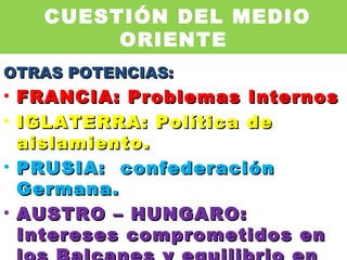 CUESTIÓN DEL MEDIO ORIENTE  OTRAS POTENCIAS:  FRANCIA: Problemas Internos IGLATERRA: Política de aislamiento. PRUSIA:  confederación Germana. AUSTRO – HUNGARO: Intereses comprometidos en los Balcanes y equilibrio en el Medio Oriente.  