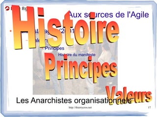 Aux sources de l'Agile
●   Manifeste agile (2001)
       –   Valeurs
               ●   Principes
                       –   Histoire du manifeste




    Les Anarchistes organisationnels
                                http://thierrycros.net   17
 