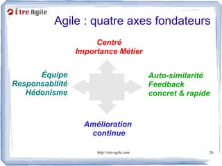 Agile : quatre axes fondateurs
                      Centré
                 Importance Métier


      Équipe                                  Auto-similarité
Responsabilité                                Feedback
   Hédonisme                                  concret & rapide


                   Amélioration
                    continue

                      http://etre-agile.com                  26
 