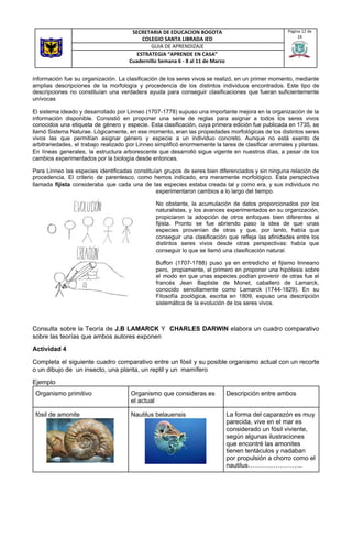 información fue su organización. La clasificación de los seres vivos se realizó, en un primer momento, mediante
amplias descripciones de la morfología y procedencia de los distintos individuos encontrados. Este tipo de
descripciones no constituían una verdadera ayuda para conseguir clasificaciones que fueran suficientemente
unívocas
El sistema ideado y desarrollado por Linneo (1707-1778) supuso una importante mejora en la organización de la
información disponible. Consistió en proponer una serie de reglas para asignar a todos los seres vivos
conocidos una etiqueta de género y especie. Esta clasificación, cuya primera edición fue publicada en 1735, se
llamó Sistema Naturae. Lógicamente, en ese momento, eran las propiedades morfológicas de los distintos seres
vivos las que permitían asignar género y especie a un individuo concreto. Aunque no está exento de
arbitrariedades, el trabajo realizado por Linneo simplificó enormemente la tarea de clasificar animales y plantas.
En líneas generales, la estructura arborescente que desarrolló sigue vigente en nuestros días, a pesar de los
cambios experimentados por la biología desde entonces.
Para Linneo las especies identificadas constituían grupos de seres bien diferenciados y sin ninguna relación de
procedencia. El criterio de parentesco, como hemos indicado, era meramente morfológico. Esta perspectiva
llamada ​fijista consideraba que cada una de las especies estaba creada tal y como era, y sus individuos no
experimentaron cambios a lo largo del tiempo.
No obstante, la acumulación de datos proporcionados por los
naturalistas, y los avances experimentados en su organización,
propiciaron la adopción de otros enfoques bien diferentes al
fijista. Pronto se fue abriendo paso la idea de que unas
especies provenían de otras y que, por tanto, había que
conseguir una clasificación que refleja las afinidades entre los
distintos seres vivos desde otras perspectivas: había que
conseguir lo que se llamó una clasificación natural.
Buffon (1707-1788) puso ya en entredicho el fijismo linneano
pero, propiamente, el primero en proponer una hipótesis sobre
el modo en que unas especies podían provenir de otras fue el
francés Jean Baptiste de Monet, caballero de Lamarck,
conocido sencillamente como Lamarck (1744-1829). En su
Filosofía zoológica, escrita en 1809, expuso una descripción
sistemática de la evolución de los seres vivos.
Consulta sobre la Teoría de ​J.B LAMARCK Y ​CHARLES DARWIN elabora un cuadro comparativo
sobre las teorías que ambos autores exponen
Actividad 4
Completa el siguiente cuadro comparativo entre un fósil y su posible organismo actual con un recorte
o un dibujo de un insecto, una planta, un reptil y un mamífero
Ejemplo
SECRETARIA DE EDUCACION BOGOTA
COLEGIO SANTA LIBRADA IED
Página 12 de
16
GUIA DE APRENDIZAJE
ESTRATEGIA “APRENDE EN CASA”
Cuadernillo Semana 6 - 8 al 11 de Marzo
Organismo primitivo Organismo que consideras es
el actual
Descripción entre ambos
fósil de amonite Nautilus belauensis La forma del caparazón es muy
parecida, vive en el mar es
considerado un fósil viviente,
según algunas ilustraciones
que encontré las amonites
tienen tentáculos y nadaban
por propulsión a chorro como el
nautilus……………………..
 