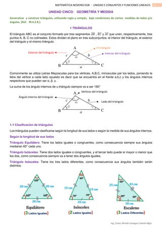 Ing. Carlos Alfredo Vanegas Cobeña Mgst.
1MATEMÁTICA NOVENO EGB - UNIDAD 5 CONJUNTOS Y FUNCIONES LINEALES
UNIDAD CINCO: GEOMETRÍA Y MEDIDA
Generalizar y construir triángulos, utilizando regla y compás, bajo condiciones de ciertas medidas de lados y/o
ángulos. (Ref. M.4.2.8.).
1 TRIÁNGULOS
El triángulo ABC es el conjunto formado por tres segmentos 𝐴𝐵̅̅̅̅ , 𝐵𝐶̅̅̅̅ y 𝐴𝐶̅̅̅̅ que unen, respectivamente, tres
puntos A, B, C no colineales. Estos dividen el plano en tres subconjuntos: el interior del triángulo, el exterior
del triángulo y el mismo triángulo.
Comúnmente se utiliza Letras Mayúsculas para los vértices, A,B,C, minúsculas par los lados, poniendo la
letra del vértice a cada lado opuesto es decir que se encuentra en el frente a,b,c y los ángulos internos
respectivos que pueden ser α, β, γ .
La suma de los ángulo internos de u triángulo siempre va a ser 180°
1.1 Clasificación de triángulos
Los triángulos pueden clasificarse según la longitud de sus lados o según la medida de sus ángulos internos.
Según la longitud de sus lados
Triángulo Equilátero: Tiene los lados iguales o congruentes, como consecuencia siempre sus ángulos
mediaran 60° cada uno.
Triángulo Isósceles: Tiene dos lados iguales o congruentes, y el tercer lado puede sr mayor o menor que
los dos, como consecuencia siempre va a tener dos ángulos iguales.
Triángulo Isósceles: Tiene los tres lados diferentes, como consecuencia sus ángulos también serán
distintos.
Interior del triánguloExterior del triángulo
El triángulo
Vértices del triángulo
Lado del triángulo
Ángulo Interno del triángulo
 