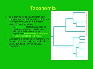 Taxonomía
• Es la ciencia de la clasificación que
  comprende identificar y dar nombre a
  los organismos, así como, buscar
  orden en la diversidad.
    – Un taxónomo trata de entender las
      relaciones entre los organismos y de
      identificar y dar nombre a los
      organismos (características del grupo
      = características del individuo).
• Un sistema de clasificación provee una
  forma conveniente de no perder de
  vista a todas las formas de vida
  conocidas.
 
