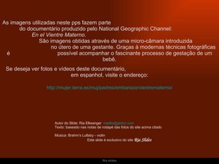   http://mujer.terra.es/muj/padres/embarazo/vientrematerno/   As imagens utilizadas neste pps fazem parte  do documentário produzido pelo National Geographic Channel:  En el Vientre Materno.  São imagens obtidas através de uma micro-câmara introduzida  no útero de uma gestante. Graças à modernas técnicas fotográficas é  possível acompanhar o fascinante processo de gestação de um bebê. Se deseja ver fotos e vídeos deste documentário,  em espanhol, visite o endereço: Autor do Slide: Ria Ellwanger  [email_address]   Texto: baseado nas notas de rodapé das fotos do site acima citado  Música: Brahm’s Lullaby - violin  Este slide é exclusivo do site  Ria Slides 