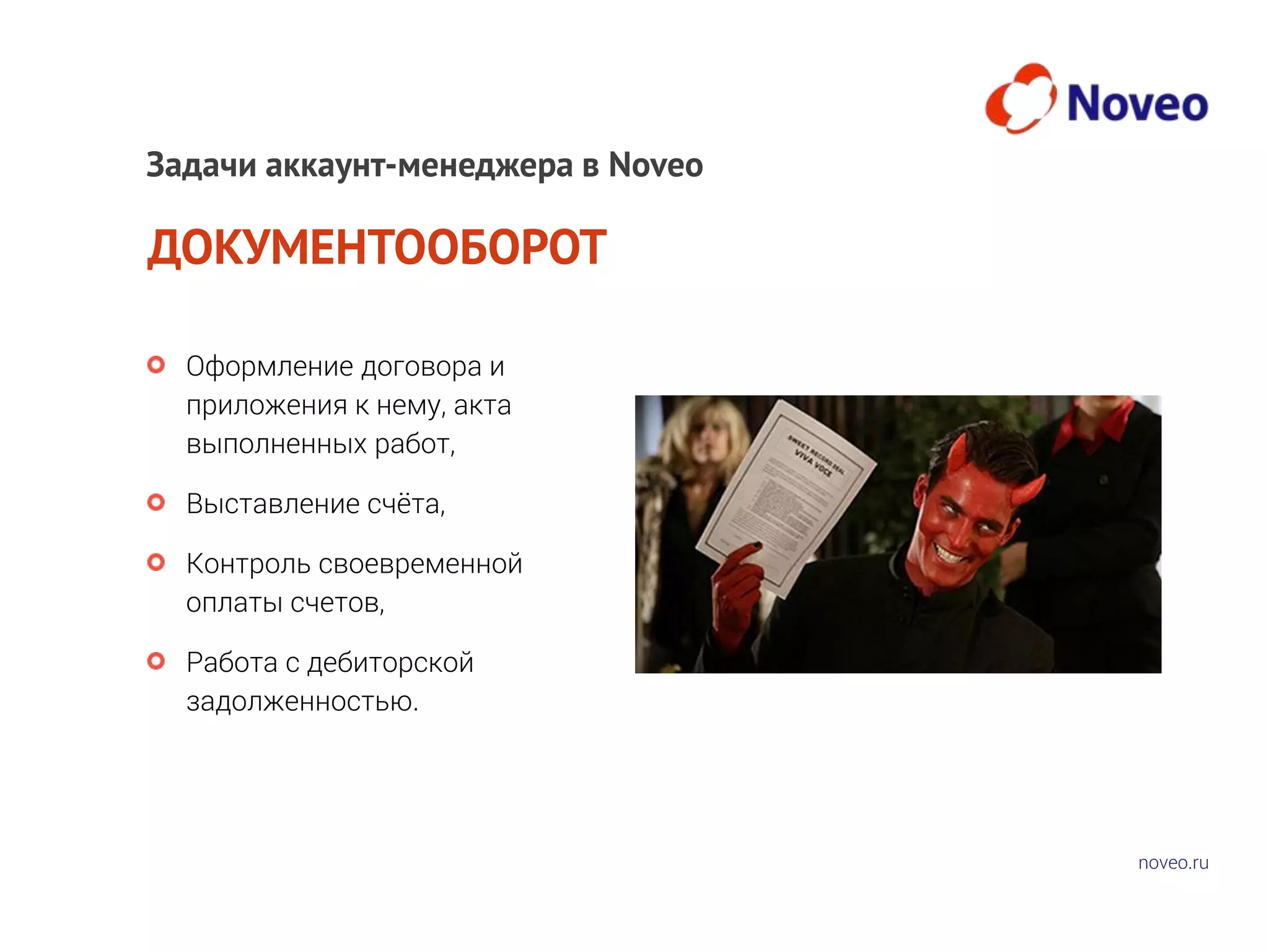 noveo.ru
ДОКУМЕНТООБОРОТ
Оформление договора и
приложения к нему, акта
выполненных работ,
Выставление счёта,
Контроль своевременной
оплаты счетов,
Работа с дебиторской
задолженностью.
Задачи аккаунт-менеджера в Noveo
 