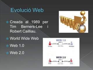 Evolució WebCreada al 1989 per Tim Berners-Lee i Robert Cailliau.WorldWide WebWeb 1.0Web 2.0