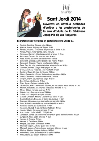 Sant Jordi 2014
Novetats en novel·la acabades
d’arribar a les prestatgeries de
la sala d’adults de la Biblioteca
Josep Pla...