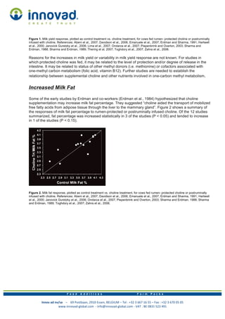 Innov	
  ad	
  nv/sa	
  	
  	
  	
  –	
  	
  	
  	
  69	
  Postbaan,	
  2910	
  Essen,	
  BELGIUM	
  –	
  Tel	
  :	
  +32	
  3	
  667	
  16	
  55	
  –	
  Fax	
  :	
  +32	
  3	
  670	
  05	
  05
www.innovad-­‐global.com	
  	
  -­‐	
  info@innovad-­‐global.com	
  -­‐	
  VAT	
  :	
  BE	
  0831	
  523	
  491	
  
Figure 1. Milk yield response, plotted as control treatment vs. choline treatment, for cows fed rumen- protected choline or postruminally
infused with choline. References: Abeni et al., 2007; Davidson et al., 2006; Emanuele et al., 2007; Erdman and Sharma, 1991; Hartwell
et al., 2000; Janovick Guretzky et al., 2006; Lima et al., 2007; Ondarza et al., 2007; Piepenbrink and Overton, 2003; Sharma and
Erdman, 1988; Sharma and Erdman, 1989; Thering et al. 2007; Toghdory et al., 2007; Zahra et al., 2006.
Reasons for the increases in milk yield or variability in milk yield response are not known. For studies in
which protected choline was fed, it may be related to the level of protection and/or degree of release in the
intestine. It may be related to status of other methyl donors (i.e. methionine) or cofactors associated with
one-methyl carbon metabolism (folic acid, vitamin B12). Further studies are needed to establish the
relationship between supplemental choline and other nutrients involved in one-carbon methyl metabolism.
Increased Milk Fat
Some of the early studies by Erdman and co-workers (Erdman et al., 1984) hypothesized that choline
supplementation may increase milk fat percentage. They suggested “choline aided the transport of mobilized
free fatty acids from adipose tissue through the liver to the mammary gland”. Figure 2 shows a summary of
the responses of milk fat percentage to rumen-protected or postruminally infused choline. Of the 12 studies
summarized, fat percentage was increased statistically in 3 of the studies (P < 0.05) and tended to increase
in 1 of the studies (P < 0.15).
Figure 2. Milk fat response, plotted as control treatment vs. choline treatment, for cows fed rumen- protected choline or postruminally
infused with choline. References: Abeni et al., 2007; Davidson et al., 2006; Emanuele et al., 2007; Erdman and Sharma, 1991; Hartwell
et al., 2000; Janovick Guretzky et al., 2006; Ondarza et al., 2007; Piepenbrink and Overton, 2003; Sharma and Erdman, 1988; Sharma
and Erdman, 1989; Toghdory et al., 2007; Zahra et al., 2006.
 