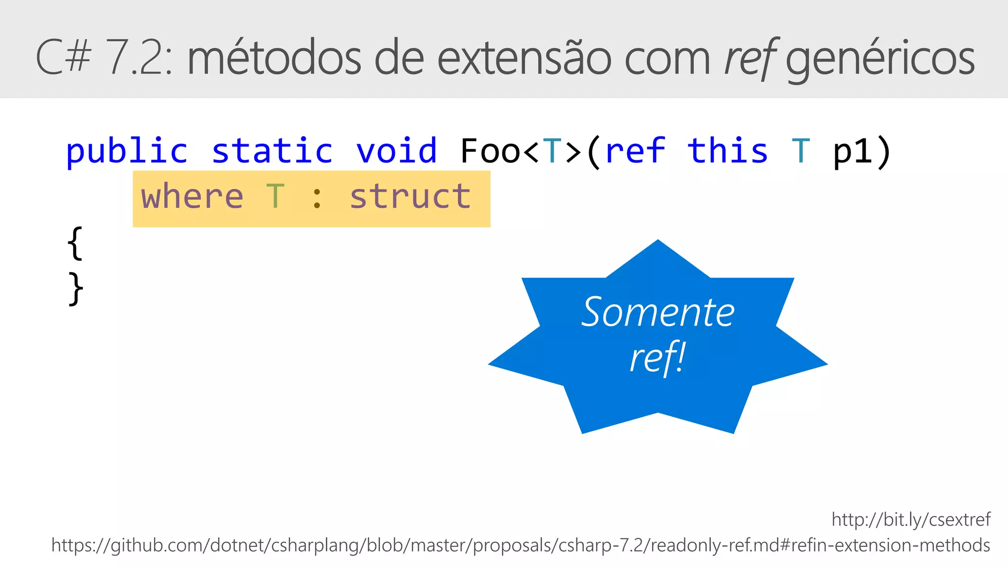 https://github.com/dotnet/csharplang/blob/master/proposals/csharp-7.2/readonly-ref.md#refin-extension-methods
public static void Foo<T>(ref this T p1)
where T : struct
{
}
http://bit.ly/csextref
 
