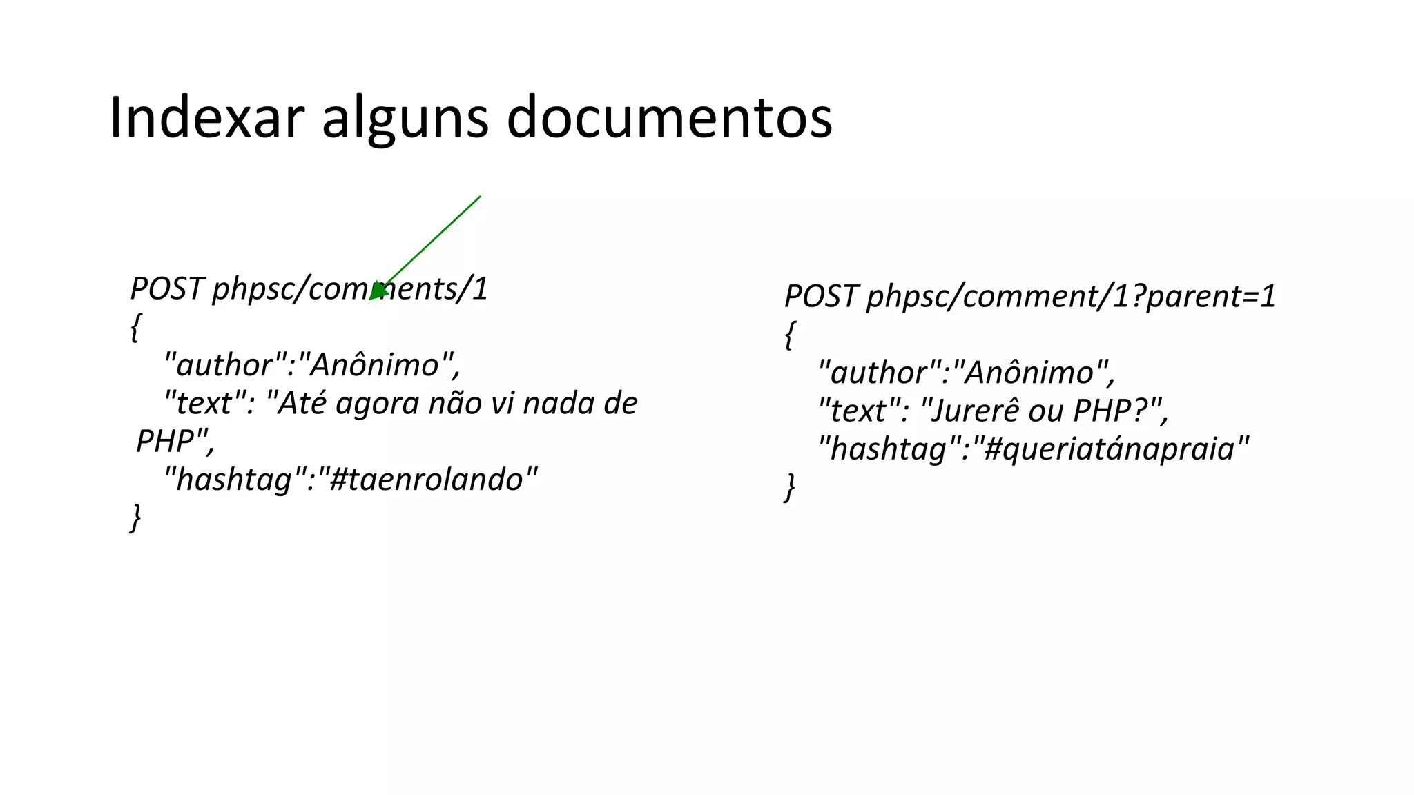 Indexar alguns documentos
POST phpsc/comments/1
{
"author":"Anônimo",
"text": "Até agora não vi nada de
PHP",
"hashtag":"#taenrolando"
}
POST phpsc/comment/1?parent=1
{
"author":"Anônimo",
"text": "Jurerê ou PHP?",
"hashtag":"#queriatánapraia"
}
 