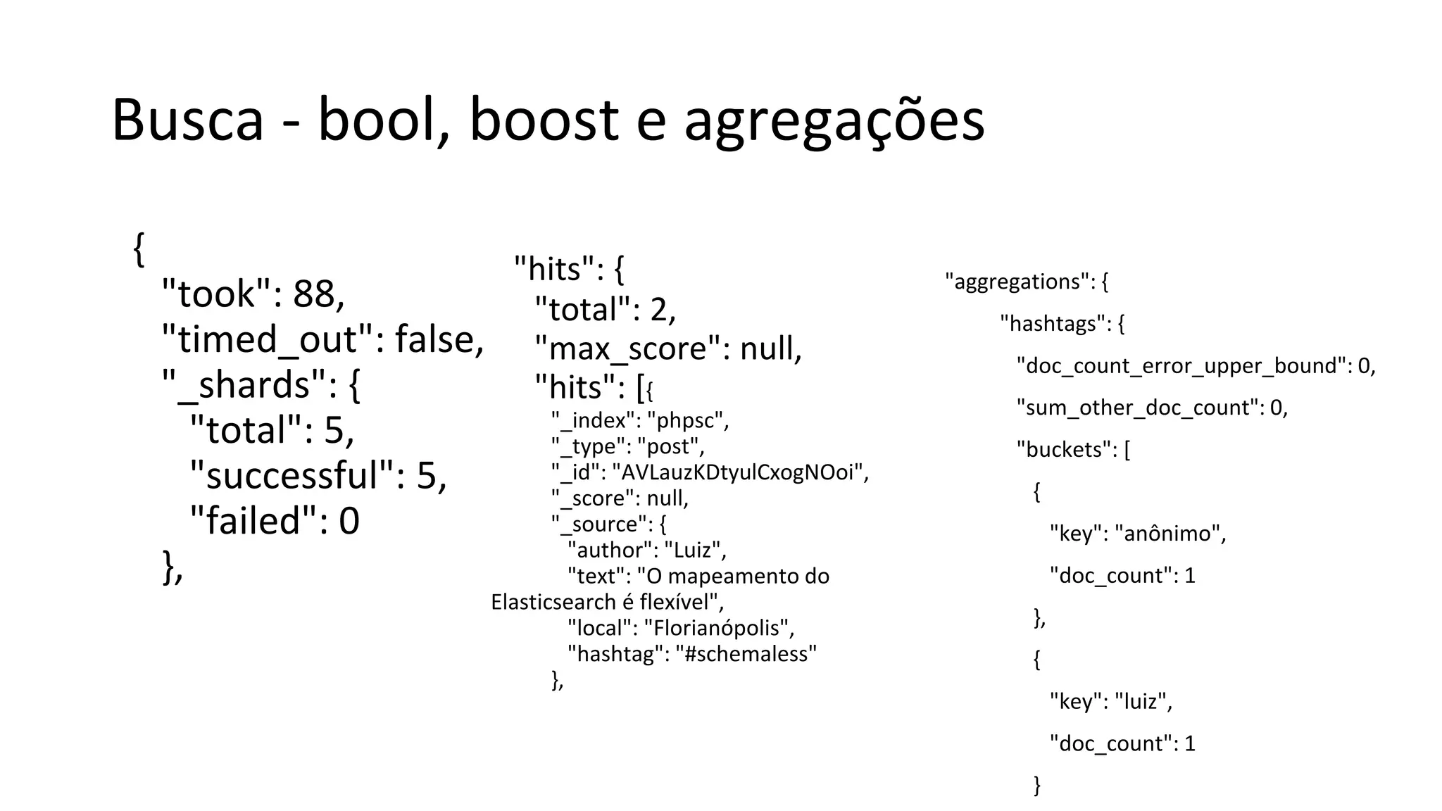Busca - bool, boost e agregações
{
"took": 88,
"timed_out": false,
"_shards": {
"total": 5,
"successful": 5,
"failed": 0
},
"hits": {
"total": 2,
"max_score": null,
"hits": [{
"_index": "phpsc",
"_type": "post",
"_id": "AVLauzKDtyulCxogNOoi",
"_score": null,
"_source": {
"author": "Luiz",
"text": "O mapeamento do
Elasticsearch é flexível",
"local": "Florianópolis",
"hashtag": "#schemaless"
},
"aggregations": {
"hashtags": {
"doc_count_error_upper_bound": 0,
"sum_other_doc_count": 0,
"buckets": [
{
"key": "anônimo",
"doc_count": 1
},
{
"key": "luiz",
"doc_count": 1
}
 