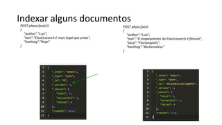 Indexar alguns documentos
POST phpsc/post/1
{
"author":"Luiz",
"text":"Elasticsearch é mais legal que praia",
"hashtag":"#sqn"
}
POST phpsc/post
{
"author":"Luiz",
"text":"O mapeamento do Elasticsearch é flexível",
"local":"Florianópolis",
"hashtag":"#schemaless"
}
 