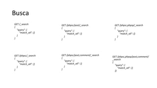 Busca
GET /_search
{
"query": {
"match_all": {}
}
}
GET /phpsc/_search
{
"query": {
"match_all": {}
}
}
GET /phpsc/post/_search
{
"query": {
"match_all": {}
}
}
GET /phpsc/post,comment/_search
{
"query": {
"match_all": {}
}
}
GET /phpsc,phpsp/_search
{
"query": {
"match_all": {}
}
}
GET /phpsc,phpsp/post,comment/
_search
{
"query": {
"match_all": {}
}}
 