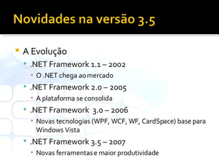 A Evolução .NET Framework 1.1 – 2002 O .NET chega ao mercado .NET Framework 2.0 – 2005 A plataforma se consolida .NET Framework  3.0 – 2006 Novas tecnologias (WPF, WCF, WF, CardSpace) base para Windows Vista .NET Framework 3.5 – 2007 Novas ferramentas e maior produtividade 