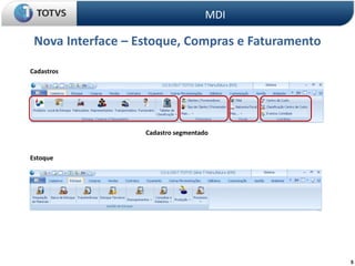 5
Nova Interface – Estoque, Compras e Faturamento
MDI
Cadastros
Cadastro segmentado
Estoque
 