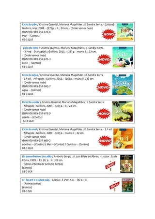 Ciclo do pão / Cristina Quental, Mariana Magalhães ; il. Sandra Serra. - [Lisboa] :
Gailivro, imp. 2008. - [27] p. : il. ; 24 cm. - (Onde vamos hoje)
ISBN 978-989-557-674-6
Pão -- [Contos]
82-3 QUE
Ciclo do leite / Cristina Quental, Mariana Magalhães ; il. Sandra Serra.
- 3.ª ed. - [Alfragide] : Gailivro, 2011. - [26] p. : muito il. ; 23 cm.
- (Onde vamos hoje)
ISBN 978-989-557-675-3
Leite -- [Contos]
82-3 QUE
Ciclo da água / Cristina Quental, Mariana Magalhães ; il. Sandra Serra.
- 1.ª ed. - Alfragide : Gailivro, 2012. - [26] p. : muito il. ; 23 cm.
- (Onde vamos hoje)
ISBN 978-989-557-961-7
Água -- [Contos]
82-3 QUE
Ciclo do azeite / Cristina Quental, Mariana Magalhães ; il Sandra Serra.
- Alfragide : Gailivro, 2009. - [26] p. : il. ; 23 cm.
- (Onde vamos hoje)
ISBN 978-989-557-673-9
Azeite -- [Contos]
82-3 QUE
Ciclo do mel / Cristina Quental, Mariana Magalhães ; il. Sandra Serra. - 1.ª ed.
- Alfragide : Gailivro, 2009. - [26] p. : muito il. ; 22 cm.
- (Onde vamos hoje)
ISBN 978-989-557-669-2
Abelhas -- [Contos] / Mel -- [Contos] / Quintas -- [Contos]
82-3 QUE
Os conselheiros do califa / António Sérgio ; il. Luís Filipe de Abreu. - Lisboa : Sá da
Costa, 1978. - 43, [3] p. : il. ; 23 cm.
- (Obras infantis de António Sérgio)
[Contos]
82-3 SER
Sr. Jacaré e a água suja. - Lisboa : 3 VVV, s.d.. - [8] p. : il.
- (Animaizinhos)
[Contos]
82-3 SRJ
 