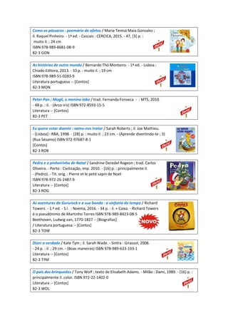 Como os pássaros : poemário de afetos / Maria Teresa Maia Gonzalez ;
il. Raquel Pinheiro. - 1ª ed. - Cascais : CERCICA, 2015. - 47, [3] p. :
muito il. ; 24 cm
ISBN 978-989-8681-08-9
82-3 GON
As histórias de outro mundo / Bernardo Thó Monteiro. - 1ª ed. - Lisboa :
Chiado Editora, 2013. - 33 p. : muito il. ; 19 cm
ISBN 978-989-51-0283-9
Literatura portuguesa -- [Contos]
82-3 MON
Peter Pan ; Mogli, o menino lobo / trad. Fernanda Fonseca. - : MTS, 2010.
- 48 p. : il. - (Arco-íris) ISBN 972-8593-15-5
Literatura -- [Contos]
82-3 PET
Eu quero estar doente : vamo-nos tratar / Sarah Roberts ; il. Joe Mathieu.
- [Lisboa] : RBA, 1998. - [28] p. : muito il. ; 23 cm. - (Aprende divertindo-te ; 3)
(Rua Sésamo) ISBN 972-97687-8-1
[Contos]
82-3 ROB
Pedro e o pinheirinho de Natal / Sandrine Deredel Rogeon ; trad. Carlos
Oliveira. - Porto : Civilização, imp. 2010. - [16] p. : principalmente il.
- (Pedro). - Tít. orig. : Pierre et le petit sapin de Noel
ISBN 978-972-26-2487-9
Literatura -- [Contos]
82-3 ROG
As aventuras de Gururock e a sua banda : a sinfonia do tempo / Richard
Towers. - 1.ª ed. - S.l. : Noema, 2016. - 34 p. : il. + Caixa. - Richard Towers
é o pseudónimo de Martinho Torres ISBN 978-989-8423-08-5
Beethoven, Ludwig van, 1770-1827 -- [Biografias]
/ Literatura portuguesa -- [Contos]
82-3 TOW
Dizer a verdade / Kate Tym ; il. Sarah Wade. - Sintra : Girassol, 2008.
- 24 p. : il. ; 29 cm. - (Boas maneiras) ISBN 978-989-633-193-1
Literatura -- [Contos]
82-3 TYM
O país dos brinquedos / Tony Wolf ; texto de Elisabeth Adams. - Milão : Dami, 1989. - [16] p. :
principalmente il. color. ISBN 972-22-1402-0
Literatura -- [Contos]
82-3 WOL
 