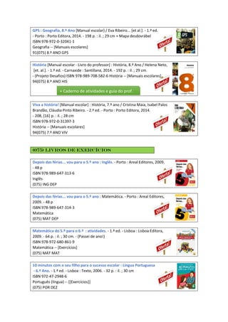 GPS : Geografia, 8.º Ano [Manual escolar] / Eva Ribeiro... [et al.]. - 1.ª ed.
- Porto : Porto Editora, 2014. - 198 p. : il. ; 29 cm + Mapa desdovrábel
ISBN 978-972-0-32041-1
Geografia -- [Manuais escolares]
91(075) 8.º ANO GPS
História [Manual escolar - Livro do professor] : História, 8.º Ano / Helena Neto,
[et. al.]. - 1.ª ed. - Carnaxide : Santillana, 2014. - 192 p. : il. ; 29 cm.
- (Projeto Desafios) ISBN 978-989-708-582-6 História -- [Manuais escolares]
94(075) 8.º ANO HIS
Viva a história! [Manual escolar] : História, 7.º ano / Cristina Maia, Isabel Palos
Brandão, Cláudia Pinto Ribeiro. - 2.ª ed. - Porto : Porto Editora, 2014.
- 208, [16] p. : il. ; 28 cm
ISBN 978-972-0-31397-3
História -- [Manuais escolares]
94(075) 7.º ANO VIV
(075) Livros de exercícios
Depois das férias... vou para o 5.º ano : Inglês. - Porto : Areal Editores, 2009.
- 48 p
ISBN 978-989-647-313-6
Inglês
(075) ING DEP
Depois das férias... vou para o 5.º ano : Matemática. - Porto : Areal Editores,
2009. - 48 p
ISBN 978-989-647-314-3
Matemática
(075) MAT DEP
Matemática do 5.º para o 6.º : atividades. - 1.ª ed. - Lisboa : Lisboa Editora,
2009. - 64 p. : il. ; 30 cm. - (Passei de ano!)
ISBN 978-972-680-861-9
Matemática -- [Exercícios]
(075) MAT MAT
10 minutos com o seu filho para o sucesso escolar : Língua Portuguesa
- 6.º Ano. - 1.ª ed. - Lisboa : Texto, 2006. - 32 p. : il. ; 30 cm
ISBN 972-47-2948-6
Português (língua) -- [[Exercícios]]
(075) POR DEZ
+ Caderno de atividades e guia do prof.
 